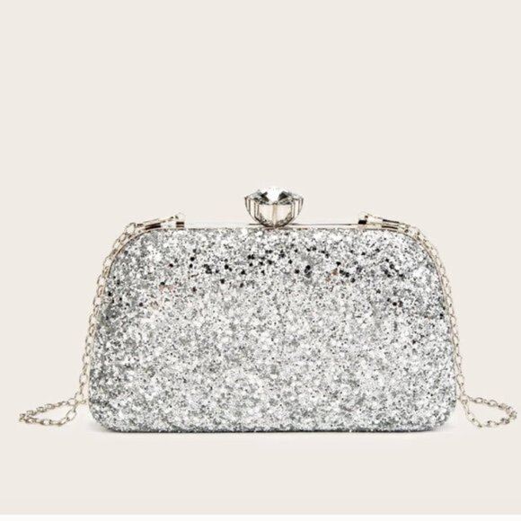 Handbags - Silver Glitter Bling, Sequin, Rhinestone Evening Box Bag